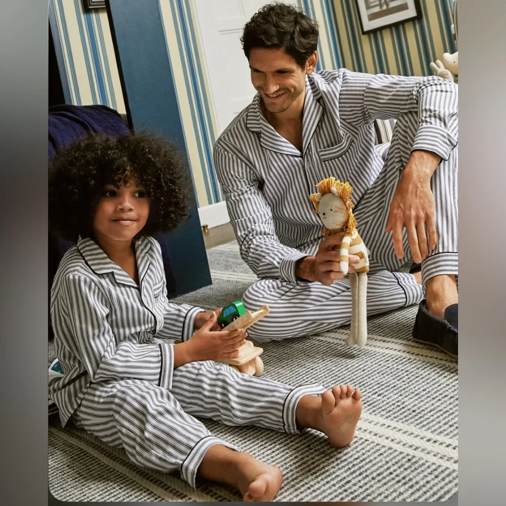 Petite Plume Kid's Twill Pajama Set in Navy French Ticking